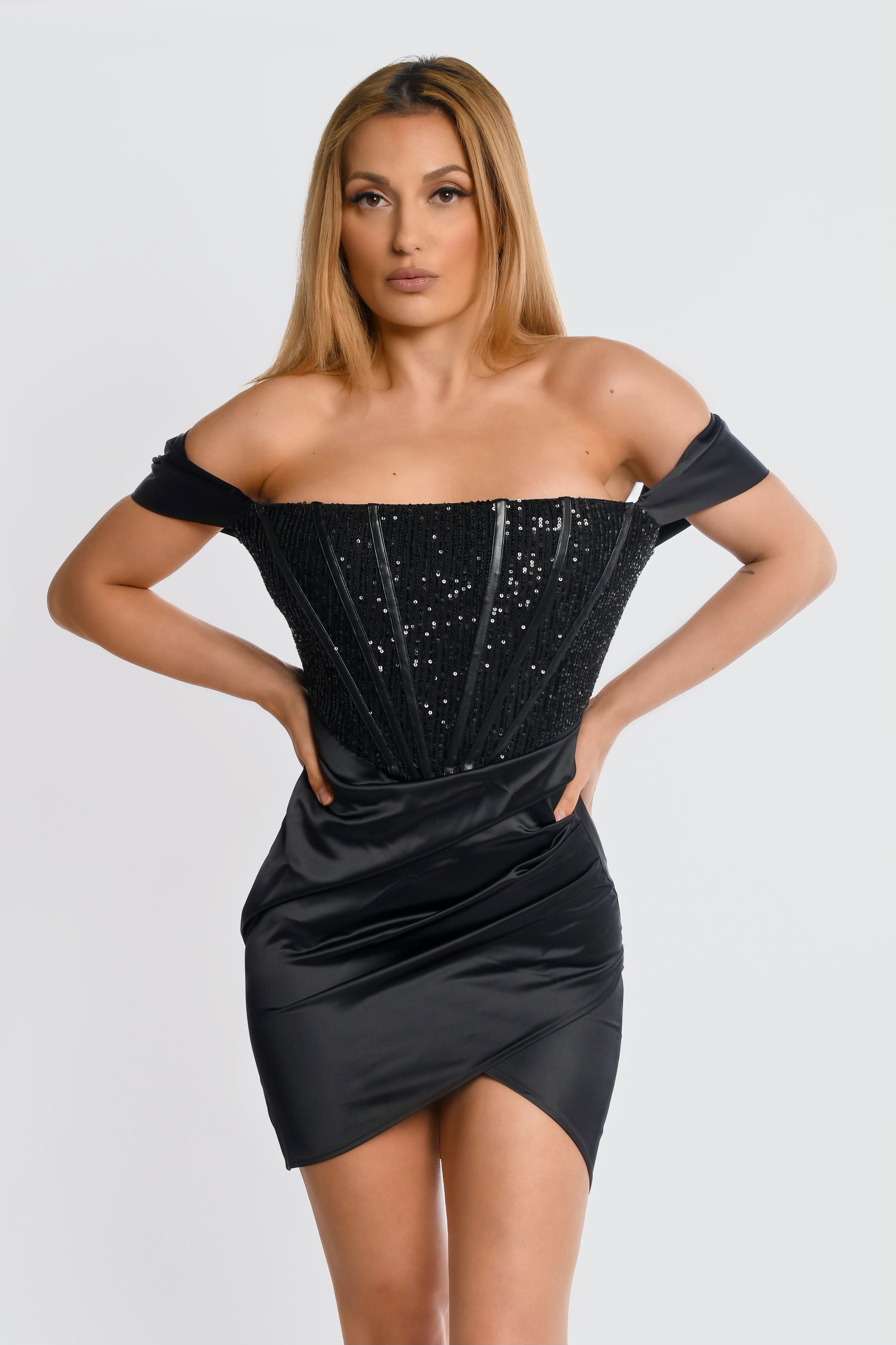 Black Off The Shoulder Mini Sparkly Dress