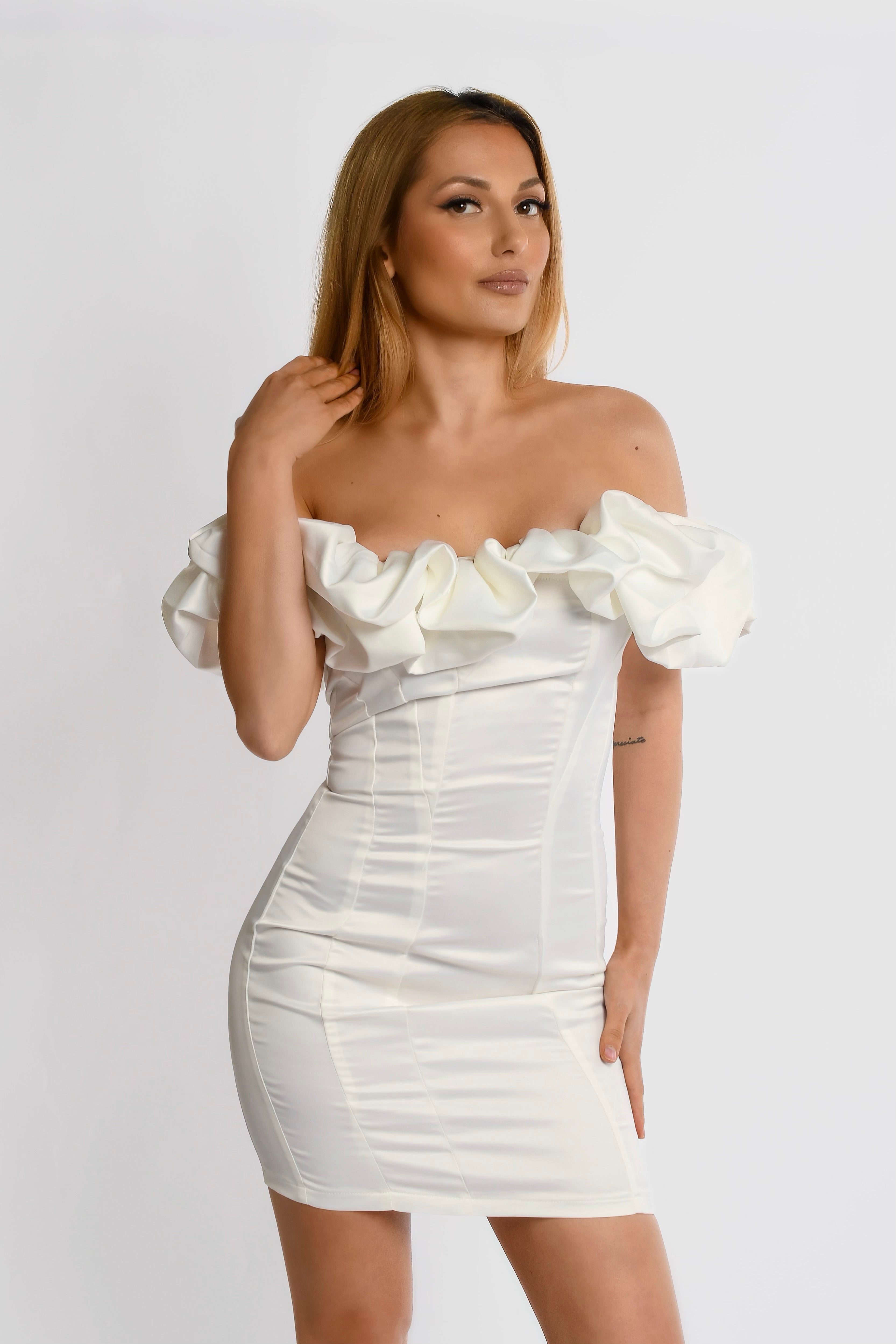 White Ruffled Off-Shoulder Mini Dress