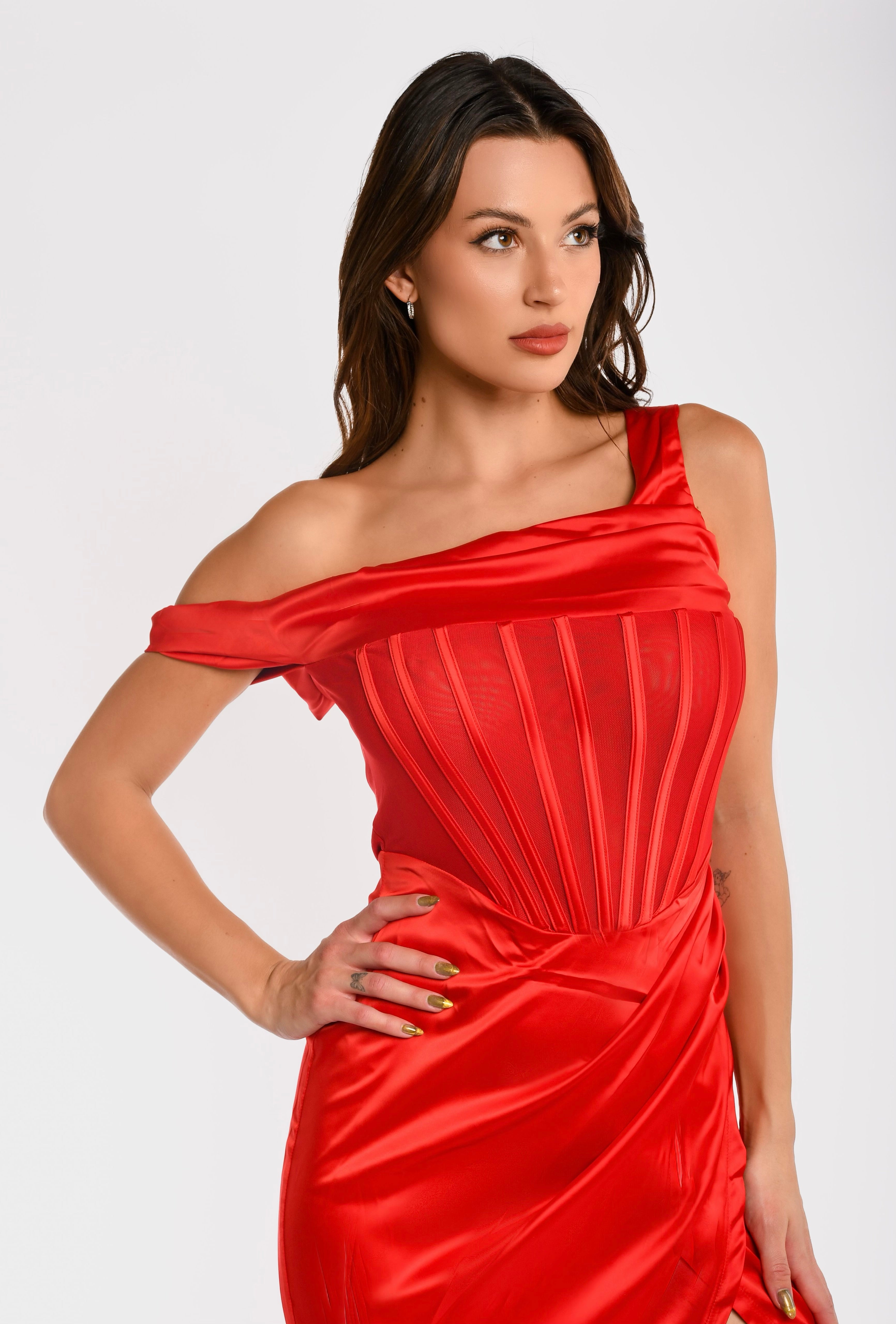 Red One Shoulder Slit Dress