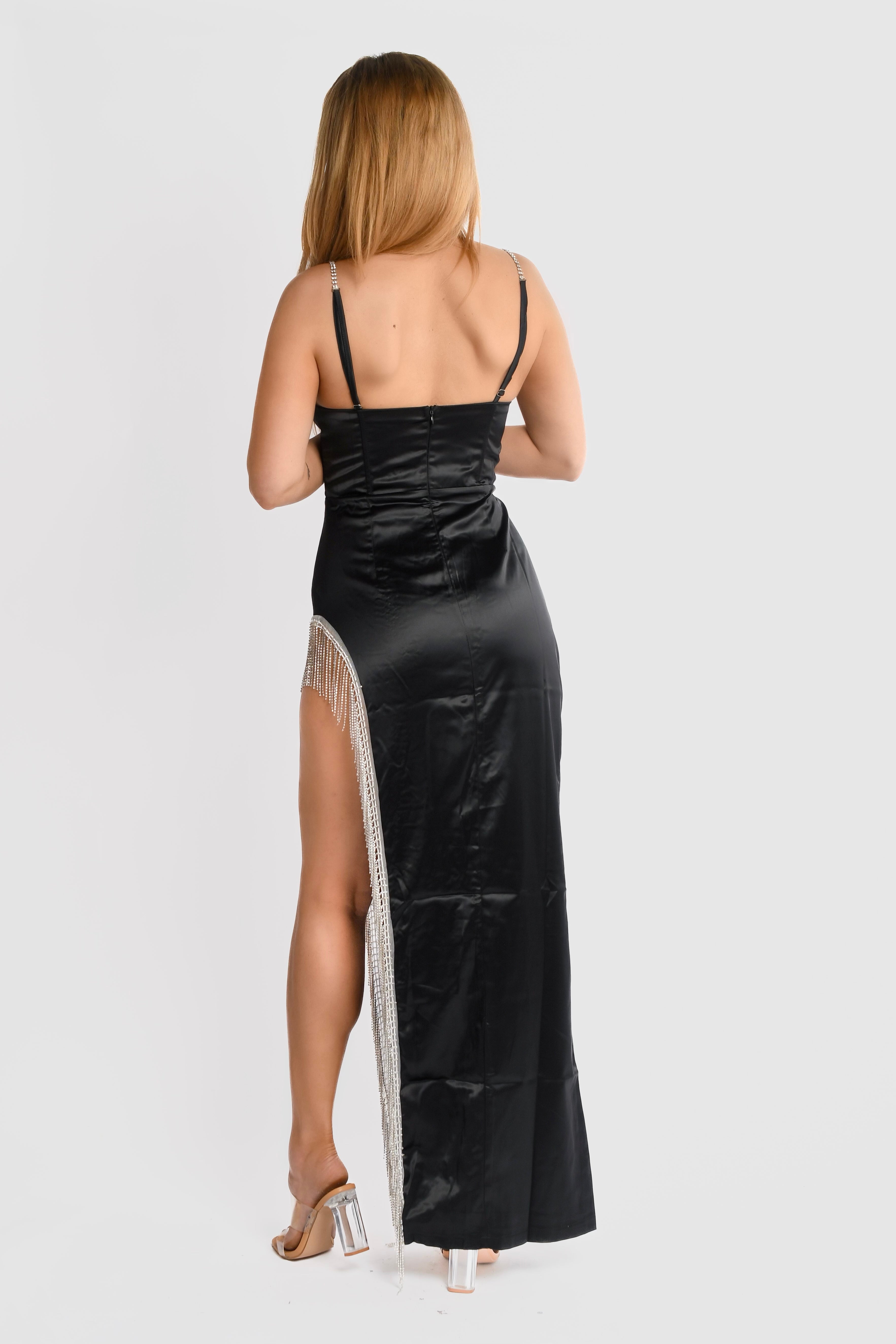 Long Black Slit Rhinestone Dress