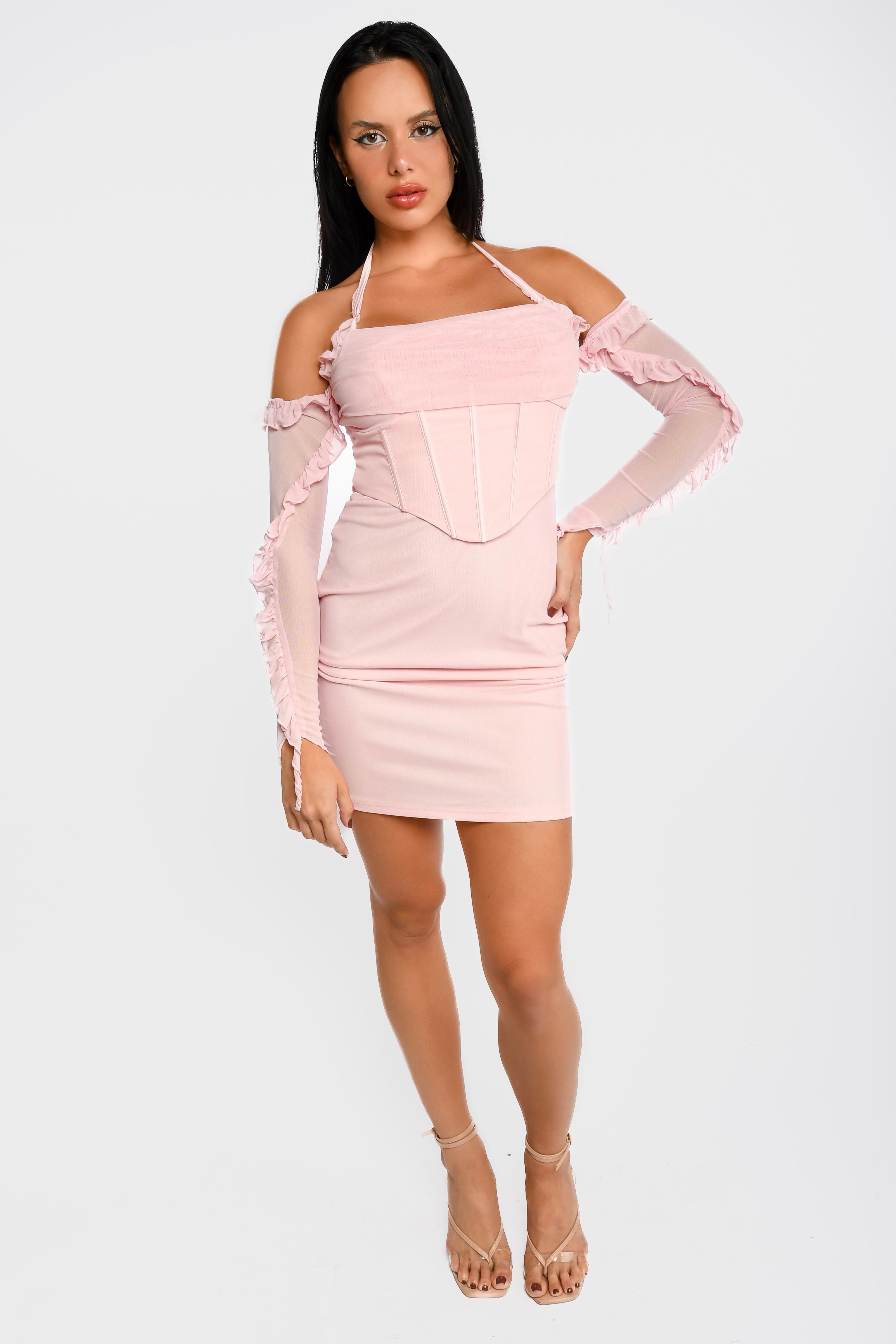 Baby Pink Ruffled Off-Shoulder Dress