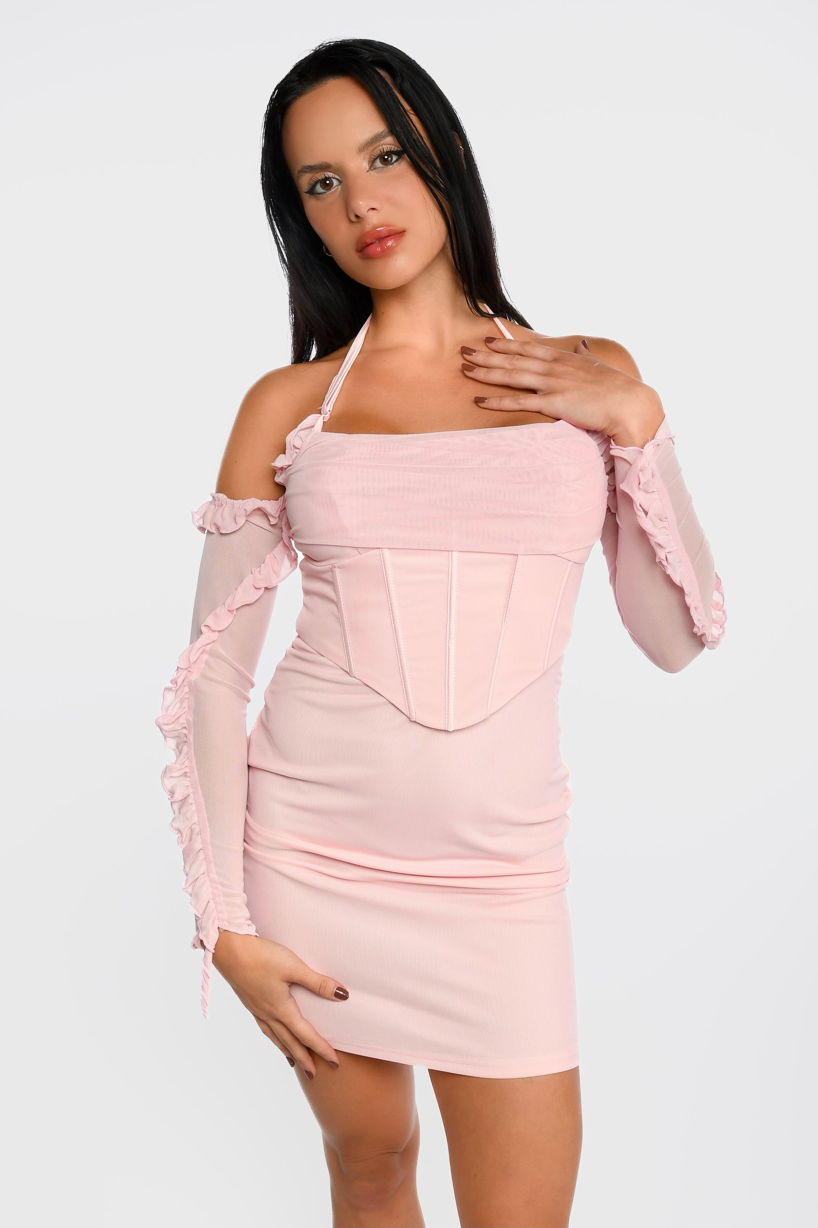 Baby Pink Ruffled Off-Shoulder Dress