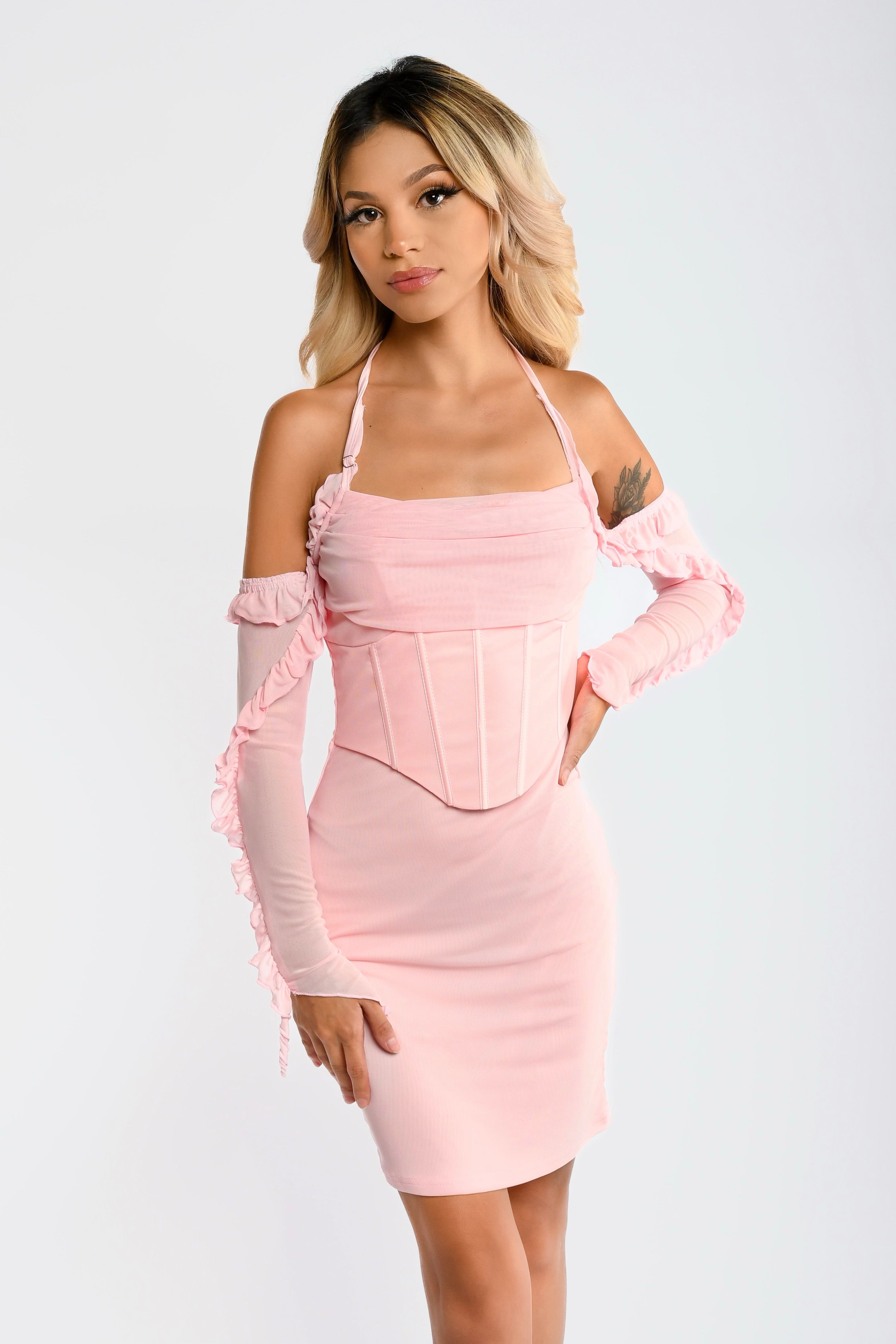 Baby Pink Ruffled Off-Shoulder Dress