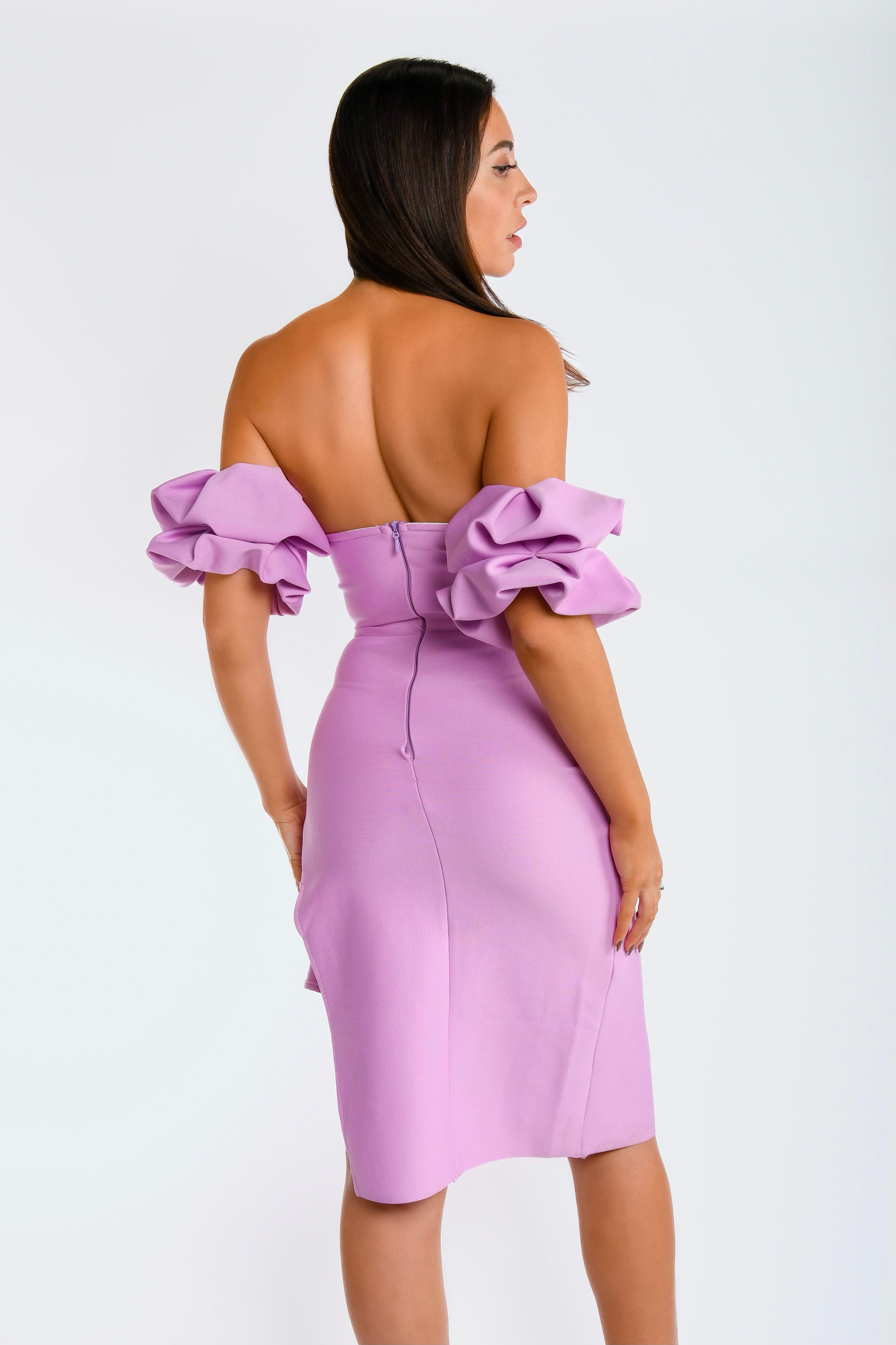 Lilac Off Shoulder Ruffle Dress