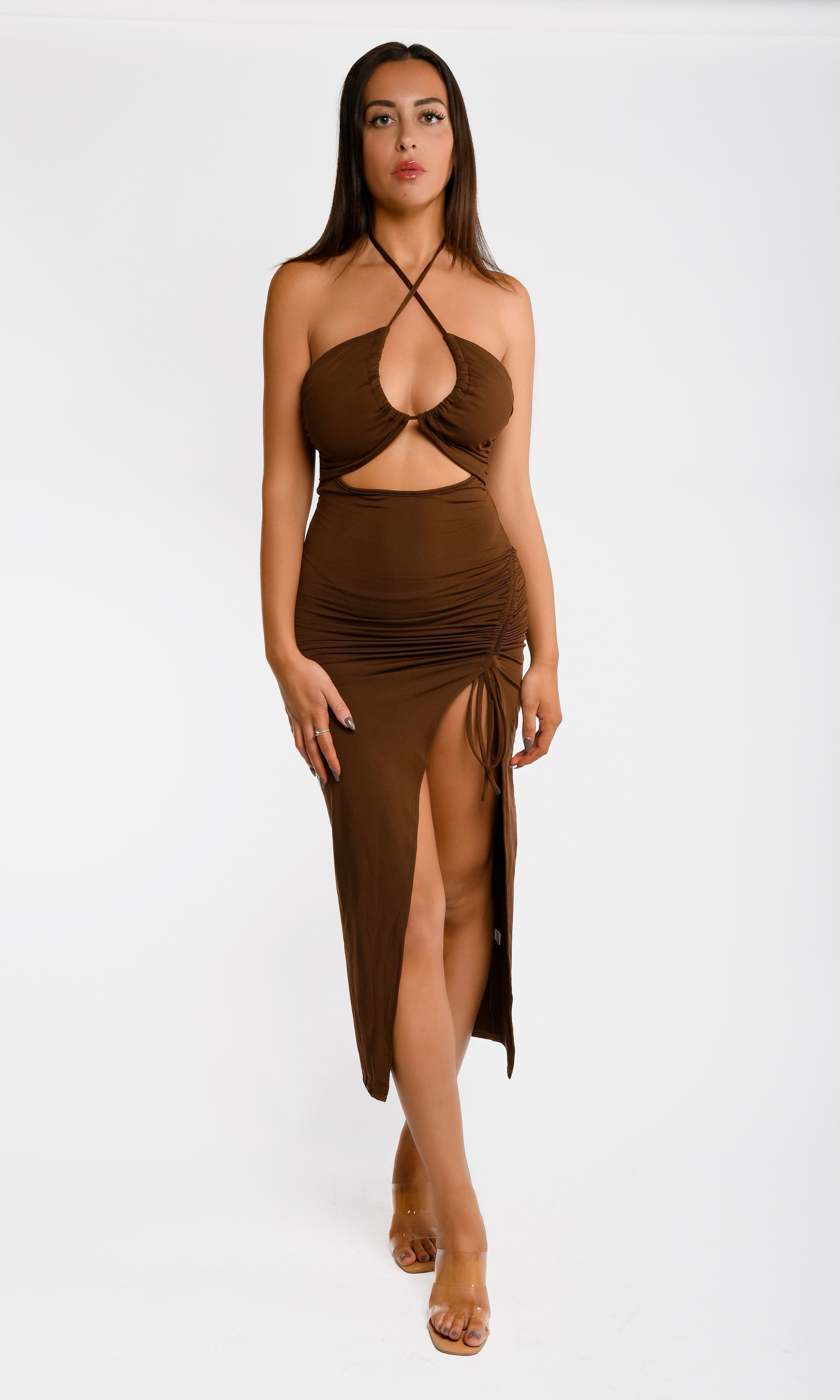 Brown Halter Cutout Dress