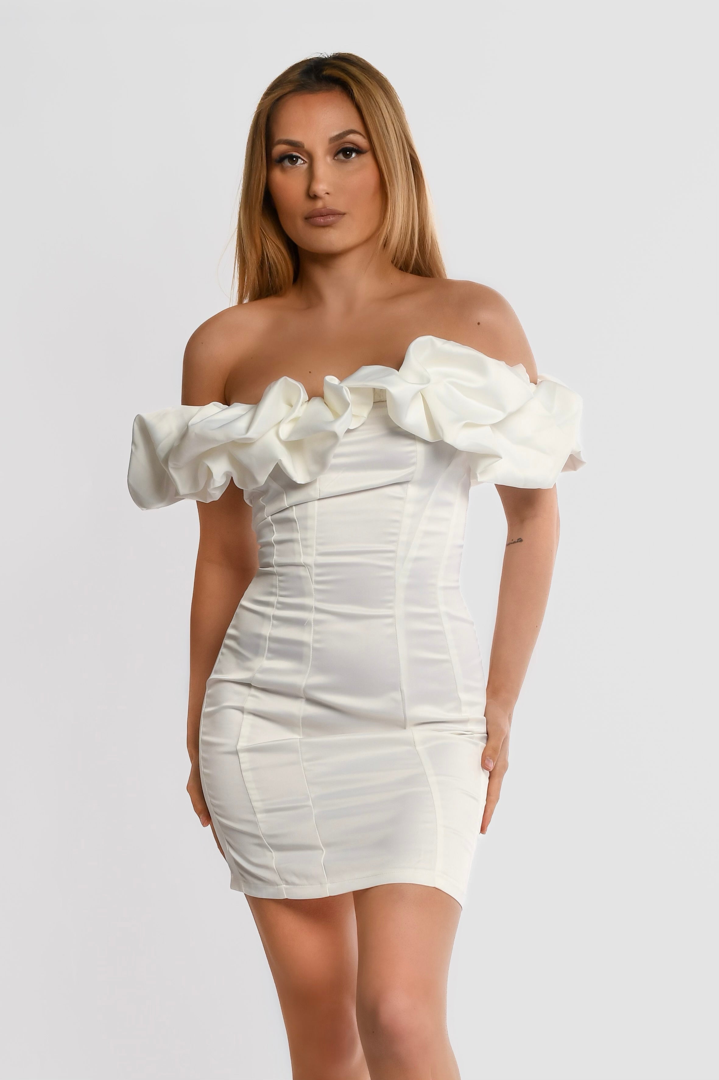 White Ruffled Off-Shoulder Mini Dress